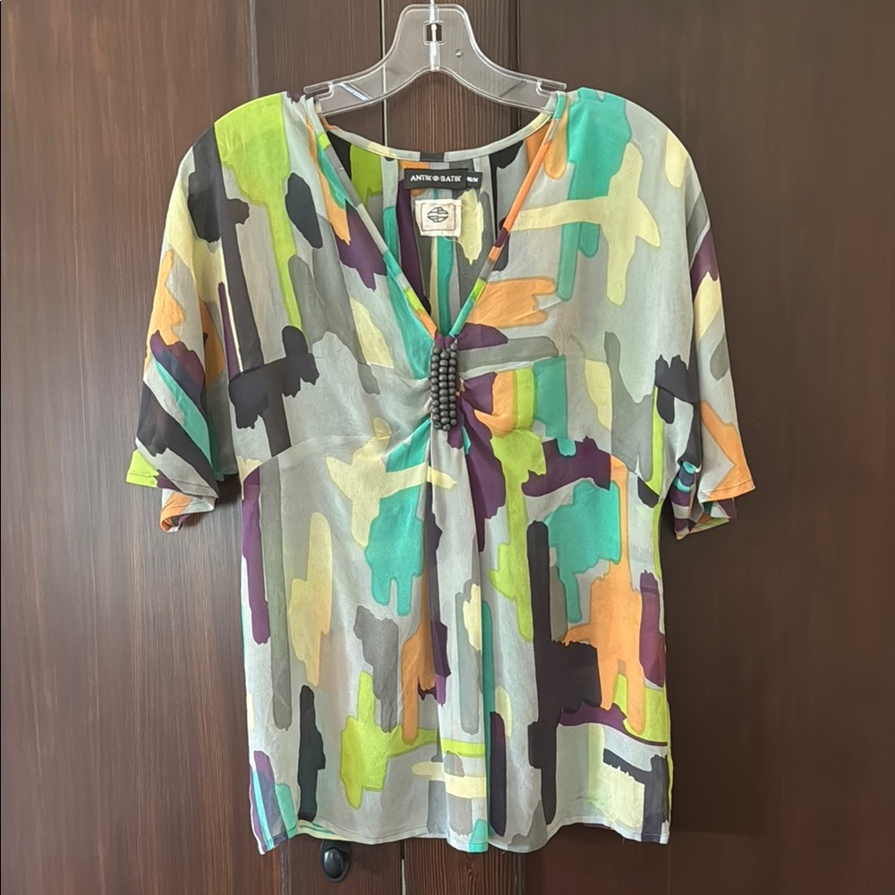 Antik Batik Green and Blue Graphic Tie Front Blouse